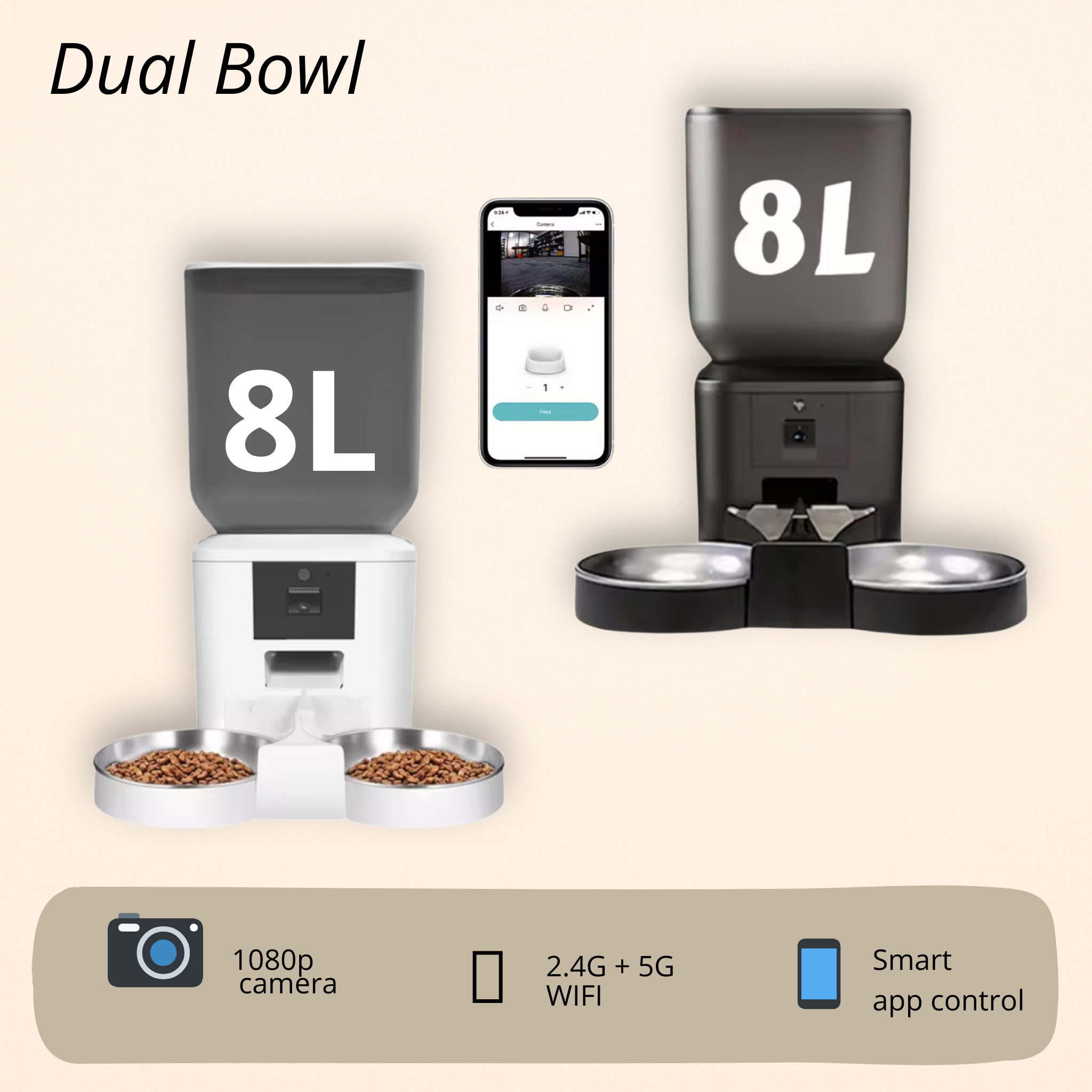 5G Automatic Cat Feeder With 1080p Camera Video WiFi Cat Food Dispenser Pet Smart Voice Recorder Remote Control Pet Auto Feeder