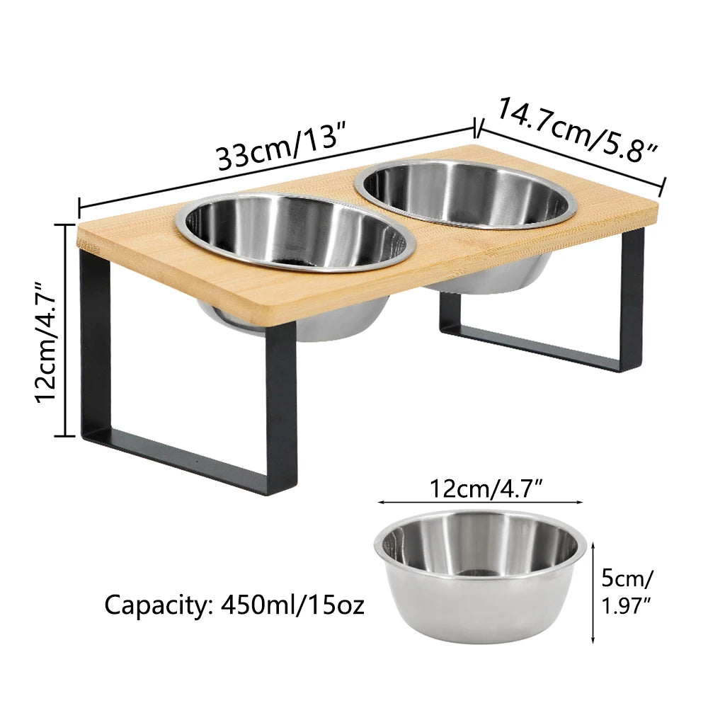 Elevated Cat Bowls Pet Feeder 15° Tilted Raised Cat Food Bowls with Wooden Stand 2 Stainless Steel Bowls for Cats and Puppy